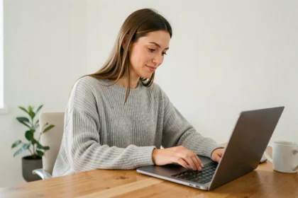Femme achetant en ligne de manière sécurisée sur son ordinateur portable depuis son bureau à domicile