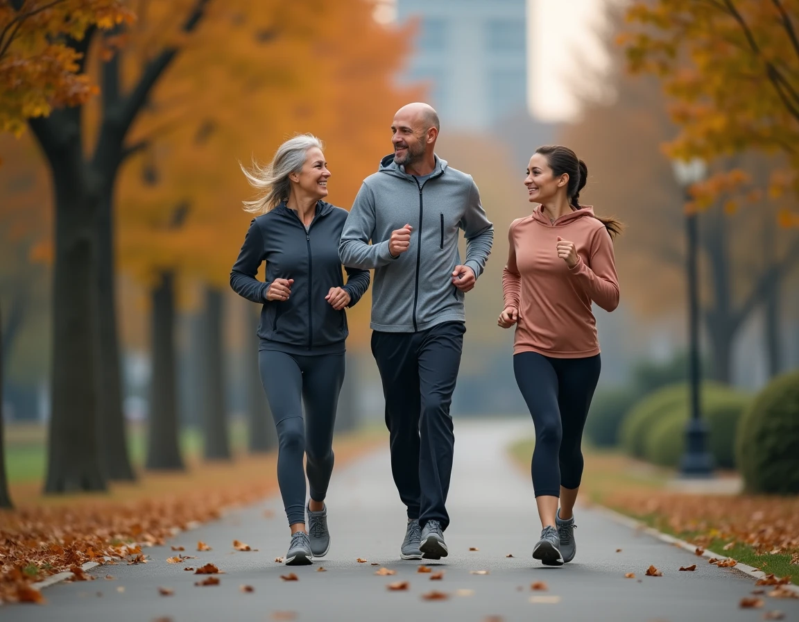 Groupe d'adultes faisant du jogging en plein air dans un parc pour améliorer leur santé et prévenir les maladies