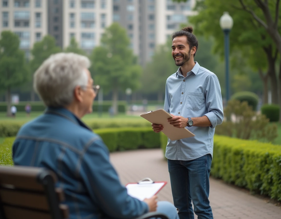 Agent de santé publique réalisant une enquête terrain avec une habitante dans un parc urbain lors d'une démarche communautaire