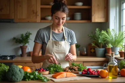 Femme préparant une sélection d'aliments anti-inflammatoires dans une cuisine moderne avec curcuma, baies, légumes verts et noix