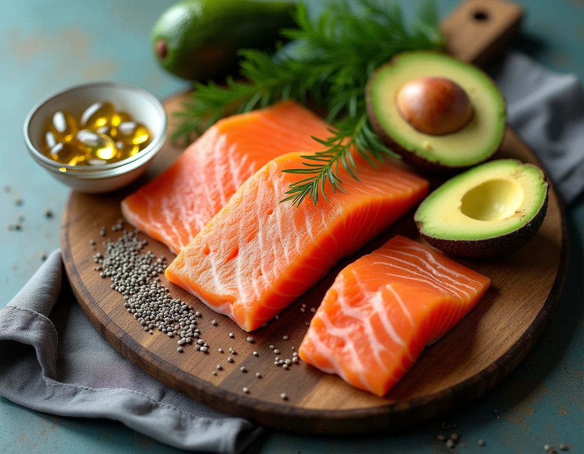 Aliments riches en oméga-3 disposés sur une planche en bois : saumon frais, capsules d'huile de poisson, avocat et graines de chia