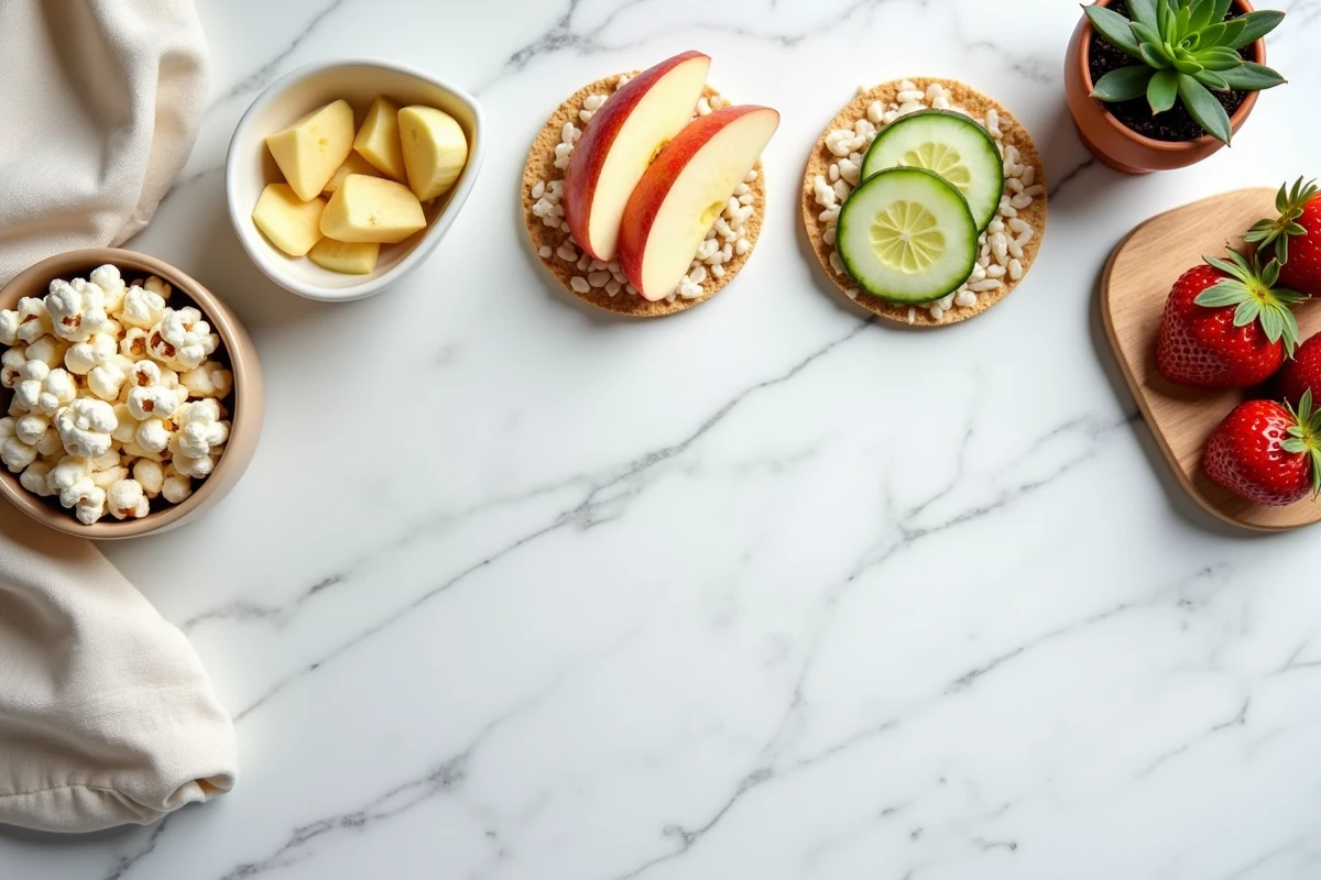 Vue de dessus d'une sélection d'aliments peu caloriques pour remplacer les grignotages du quotidien