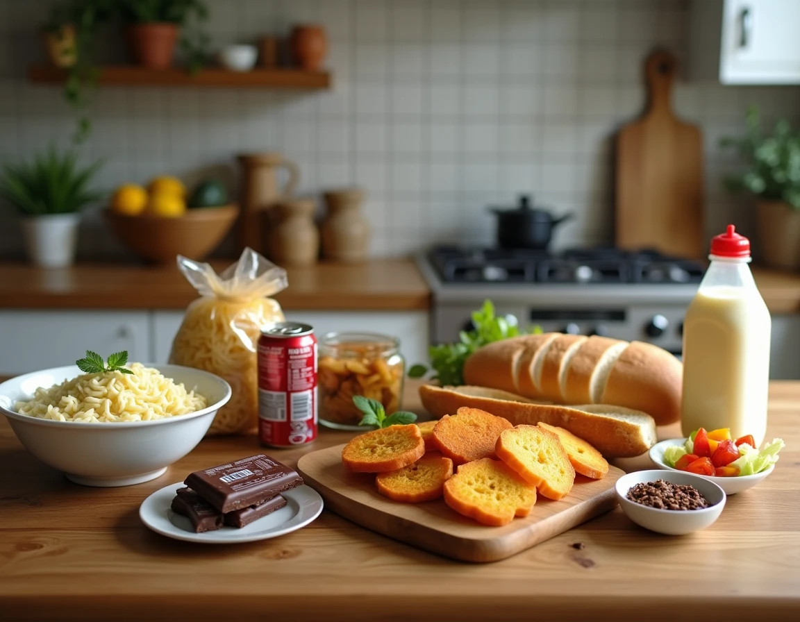 Vue de dessus d'aliments ultra-transformés à éviter pour la sèche musculaire disposés sur une table en bois