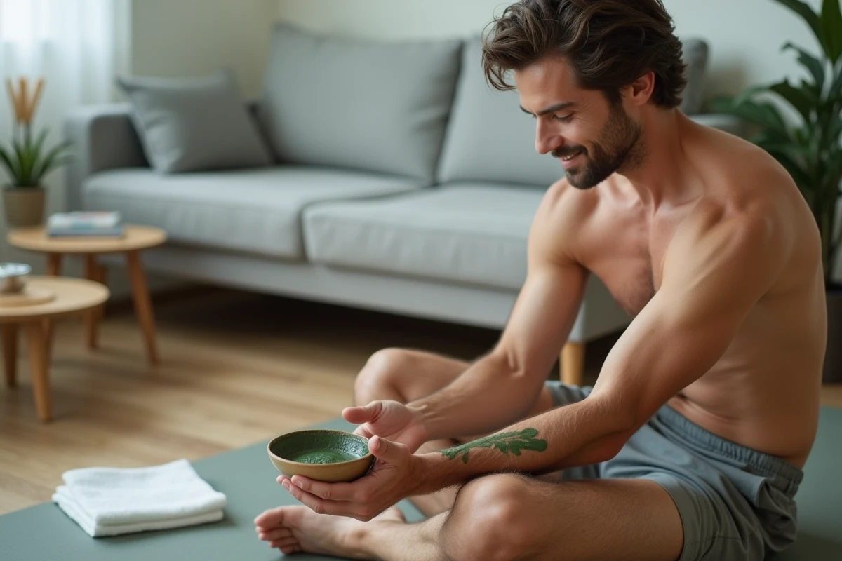 Homme appliquant de l'argile verte sur le coude pour soulager une tendinite dans un salon minimaliste