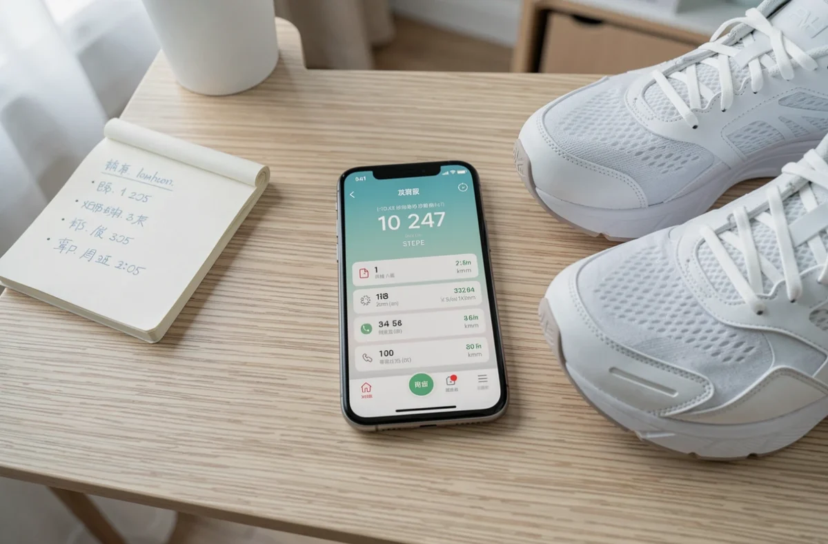Application de suivi de pas sur smartphone affichant 10 000 pas et la distance en kilomètres posée sur un bureau en bois