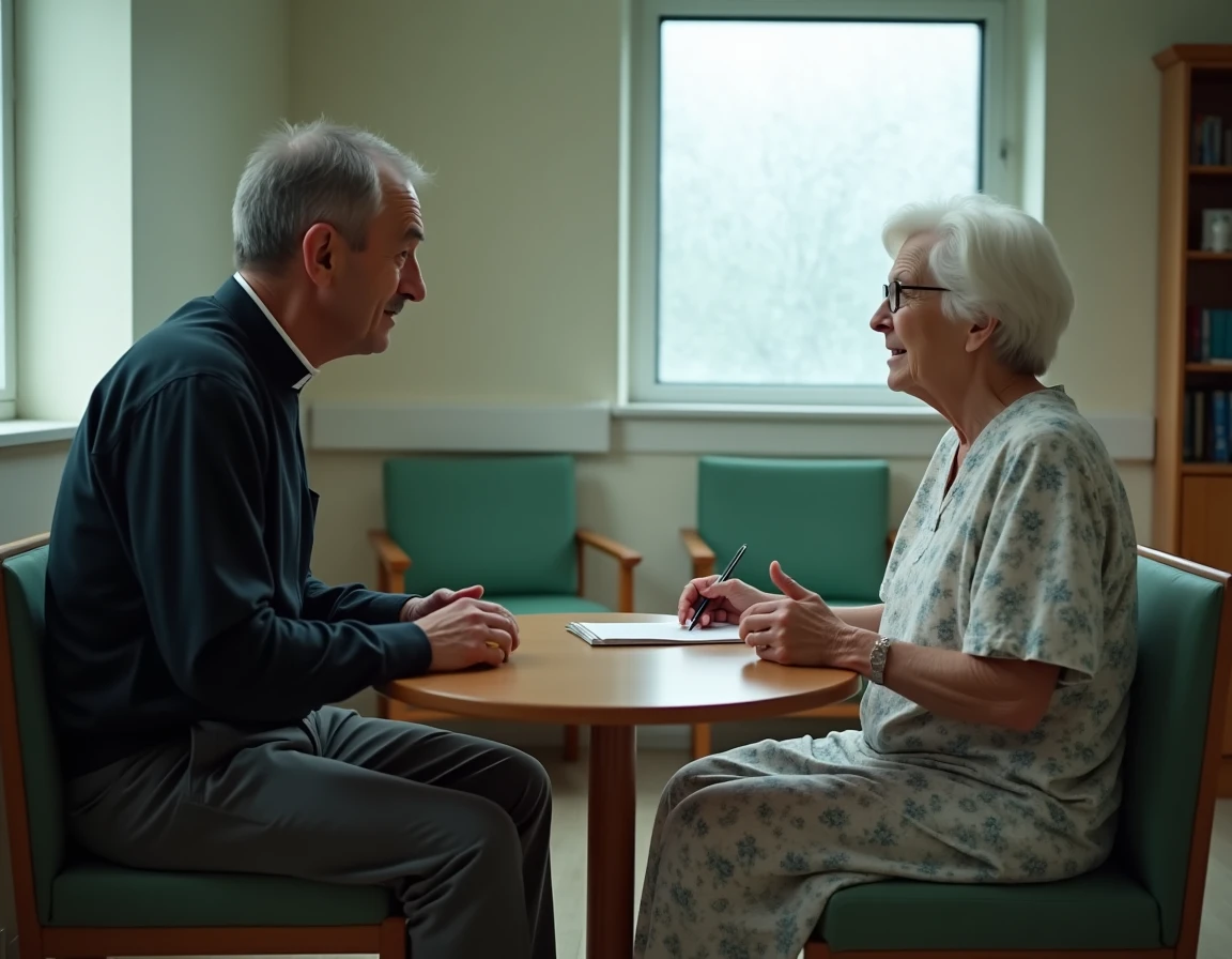 Aumônier en soins palliatifs en conversation avec une patiente âgée anxieuse dans une salle de consultation hospitalière