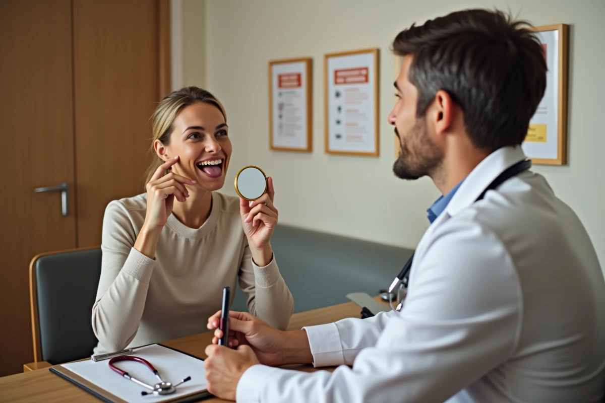 Patiente inspectant sa langue avec un miroir lors d'une consultation médicale pour dépistage précoce