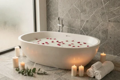Baignoire îlot blanche avec bougies allumées et pétales de rose dans une salle de bains spa minimaliste