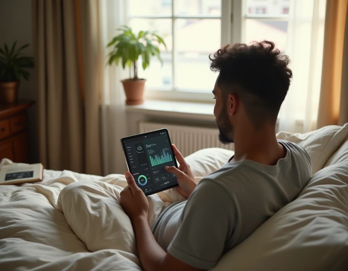 Personne consultant un rapport de suivi du sommeil profond sur tablette le matin dans sa chambre