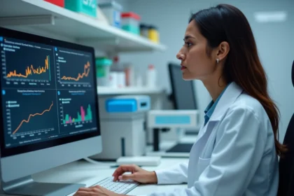Biologiste médicale consultant le tableau de bord numérique Laboconnect sur un écran d'ordinateur dans un laboratoire moderne en 2026