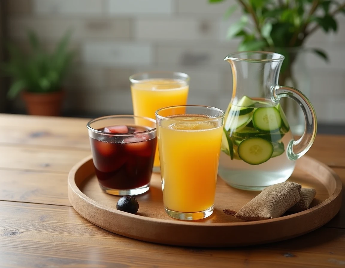 Assortiment de boissons naturelles recommandées contre la constipation : jus de pruneaux, tisane et eau infusée