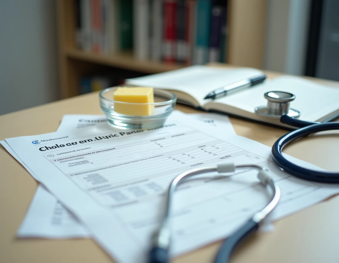 Bureau médical avec bilan lipidique, stéthoscope et portion de beurre, illustrant les risques cardiovasculaires d'une consommation excessive de beurre