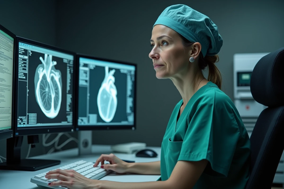 Cardiologue féminine analysant des données cardiaques sur écrans multiples dans un laboratoire de cathétérisme après une procédure de pose de stent
