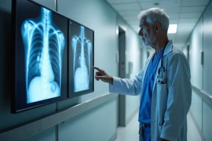 Cardiologue senior examinant des images d'angiographie coronarienne dans un couloir hospitalier moderne après la pose d'un stent