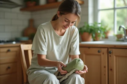 Femme appliquant un cataplasme d'argile verte sur une cheville enflée dans une cuisine en bois naturel