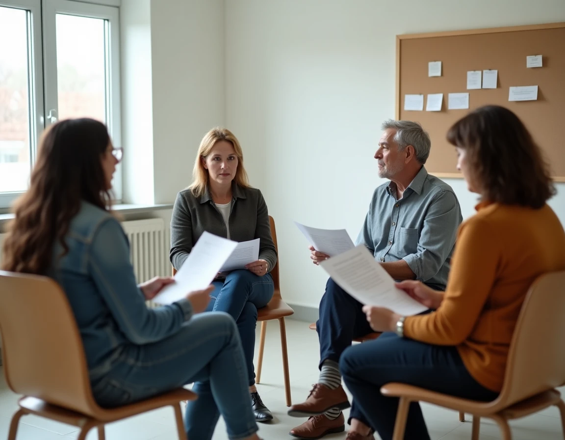 Groupe d'adultes en cercle de parole dans une salle communautaire, représentant le travail collectif autour du traumatisme historique et intergénérationnel
