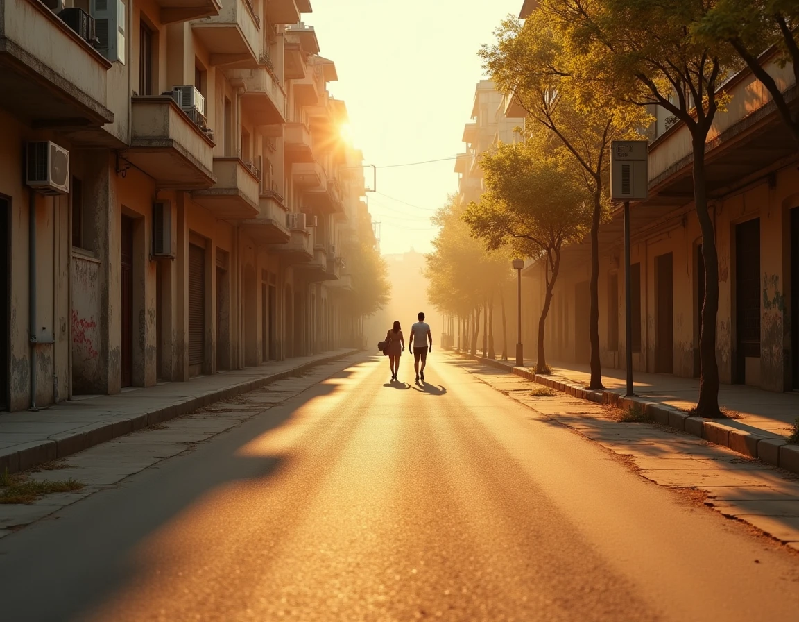 Rue urbaine en été avec distorsion thermique visible au-dessus de l'asphalte, illustrant l'effet d'îlot de chaleur lié au réchauffement climatique