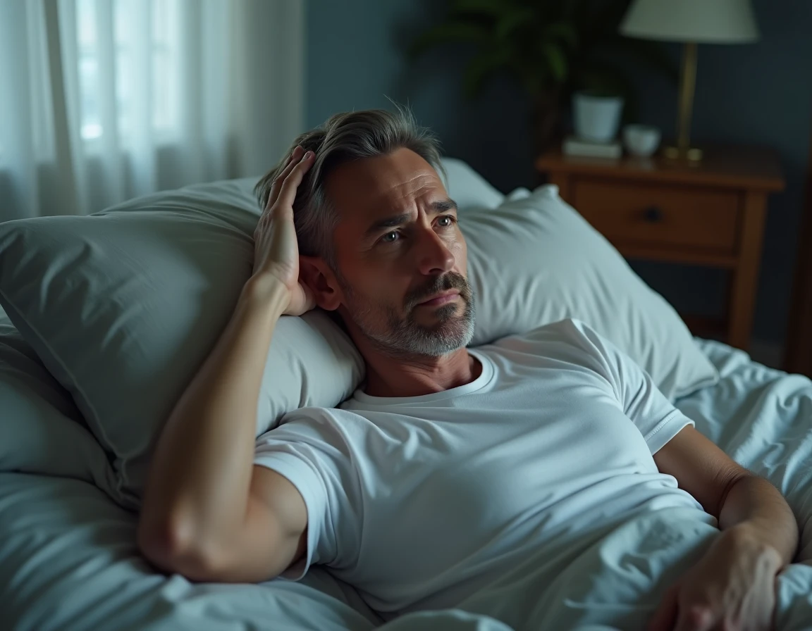 Homme allongé sur son lit avec la main sur le front, représentant une sensation de choc électrique dans la tête