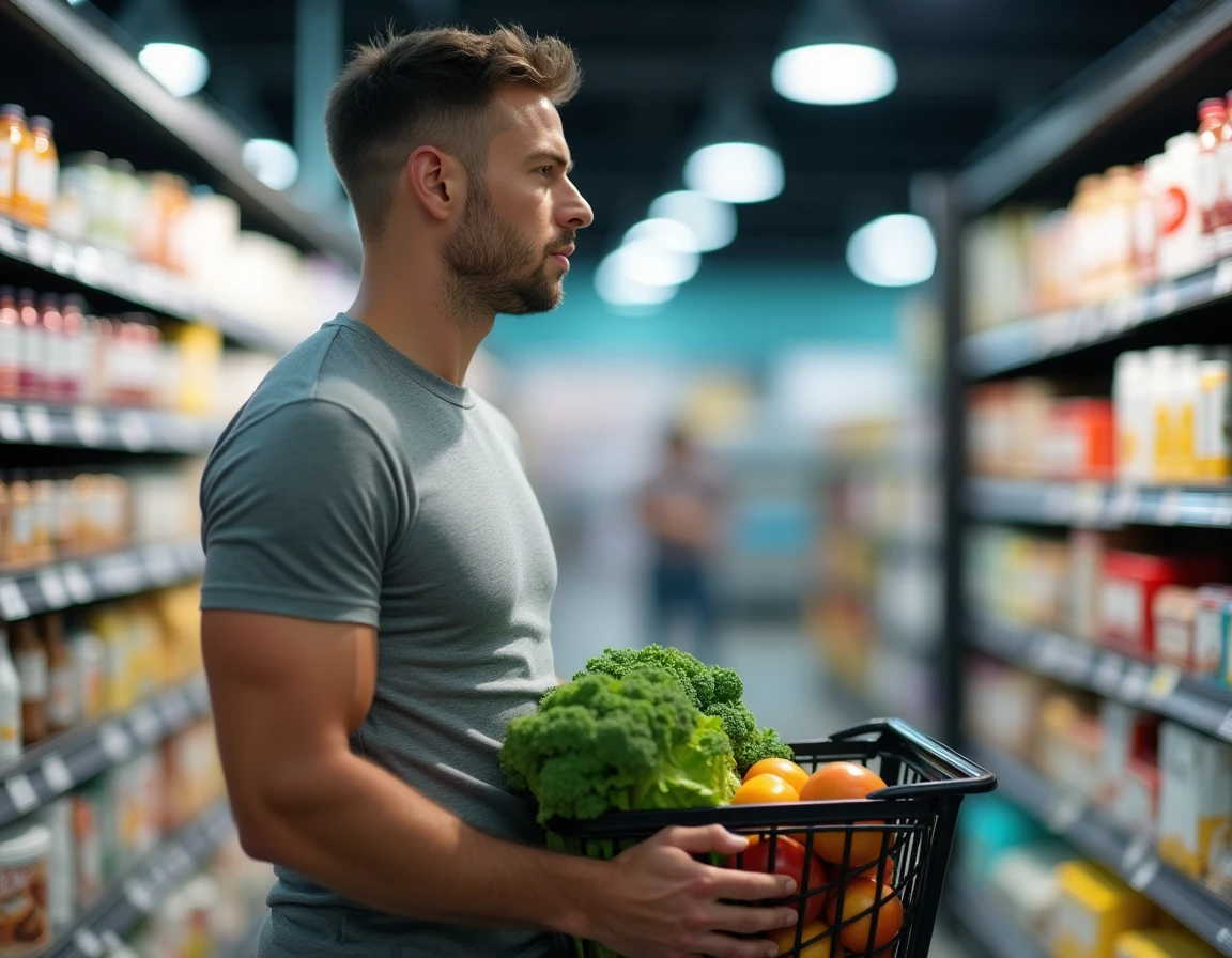Homme sportif en supermarché choisissant d'éviter les boissons sucrées et aliments industriels pendant sa sèche