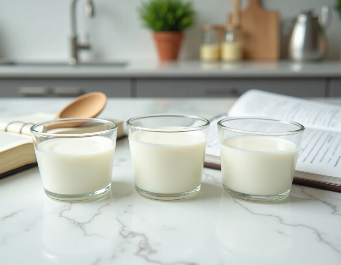 Comparaison de différents types de lait infantile sur un plan de travail en marbre avec des notes de recherche sur le lait maternel