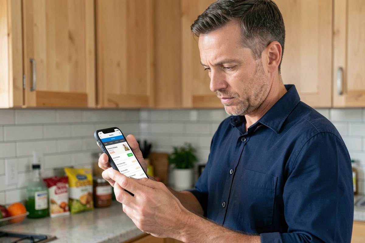 Homme comparant les prix sur une application de shopping en ligne depuis sa cuisine