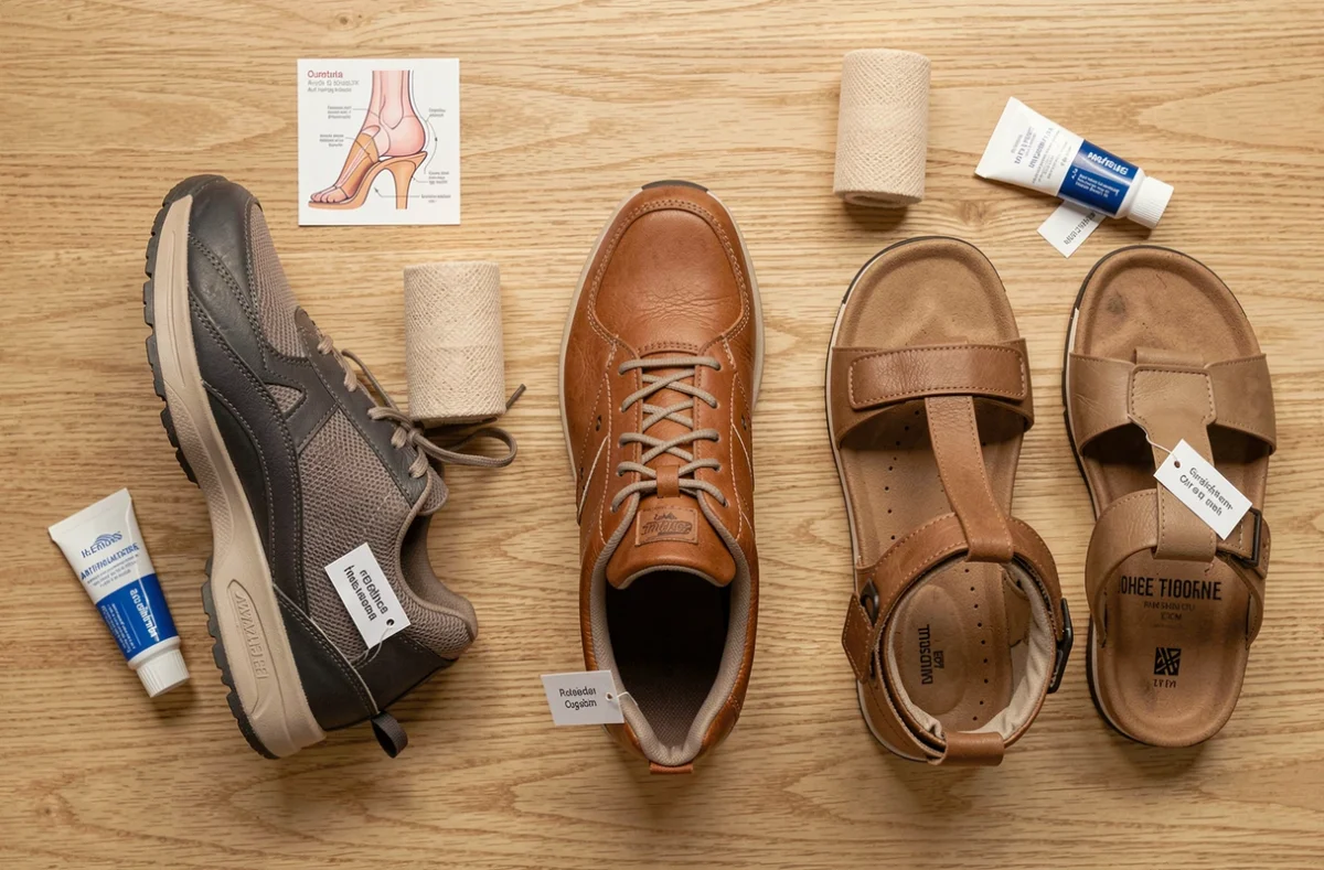 Comparatif de chaussures recommandées pour soulager la bursite du talon d'Achille : baskets rembourrées, sneakers drop zéro et sandales orthopédiques
