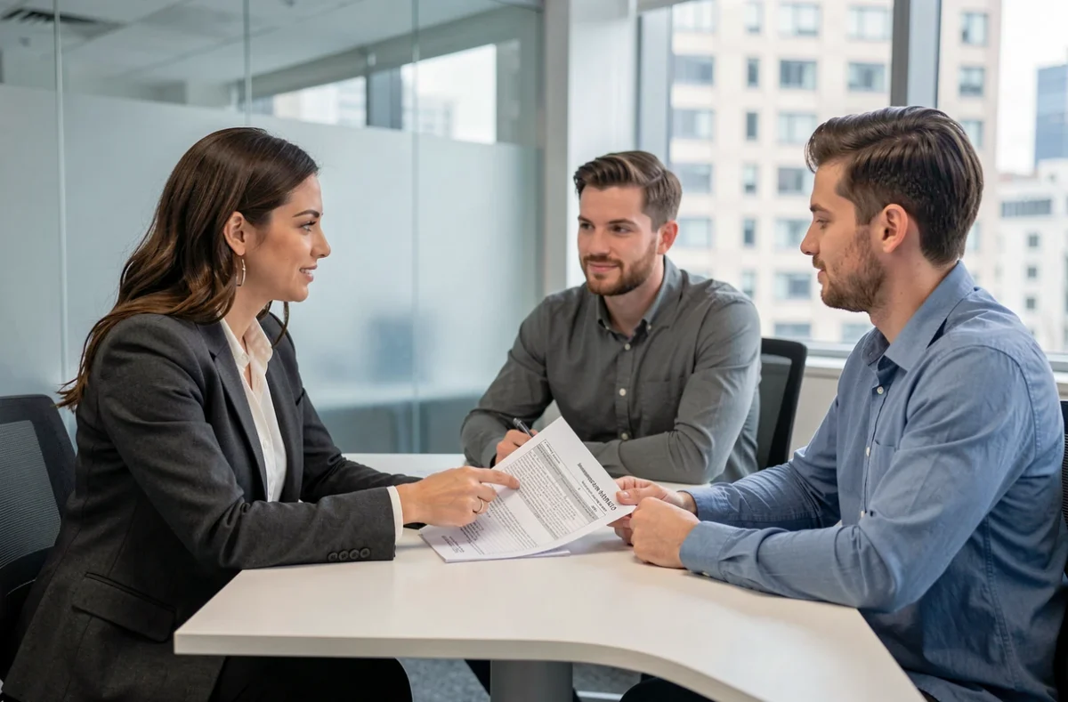 Conseillère en assurance expliquant les implications du test CDT à un couple lors d'une souscription d'assurance emprunteur