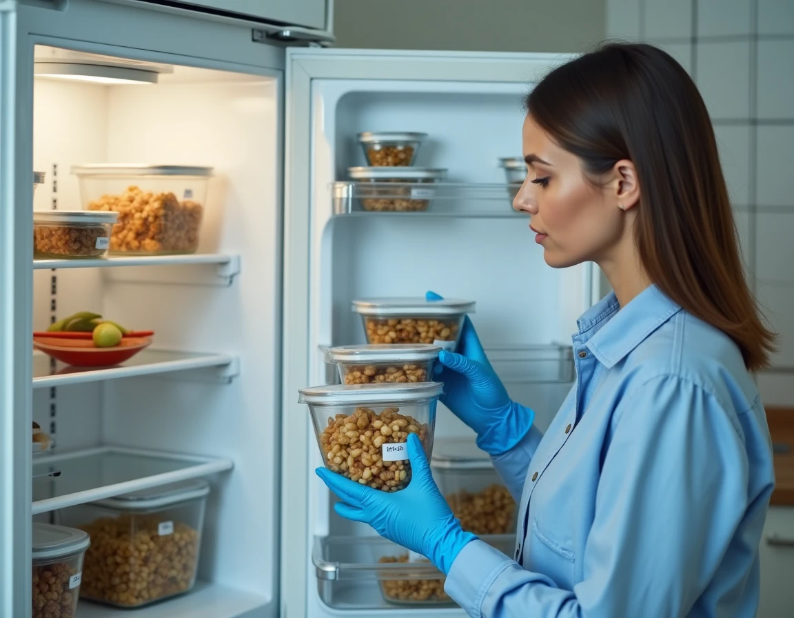 Femme organisant des aliments cuits dans des contenants fermés au réfrigérateur pour limiter la prolifération de la listeria