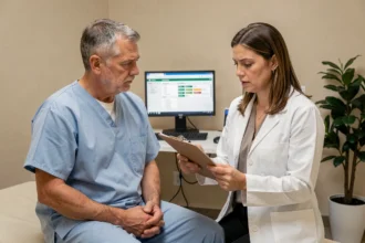 Médecin examinant les résultats d'une analyse GGT élevée avec un patient en consultation médicale