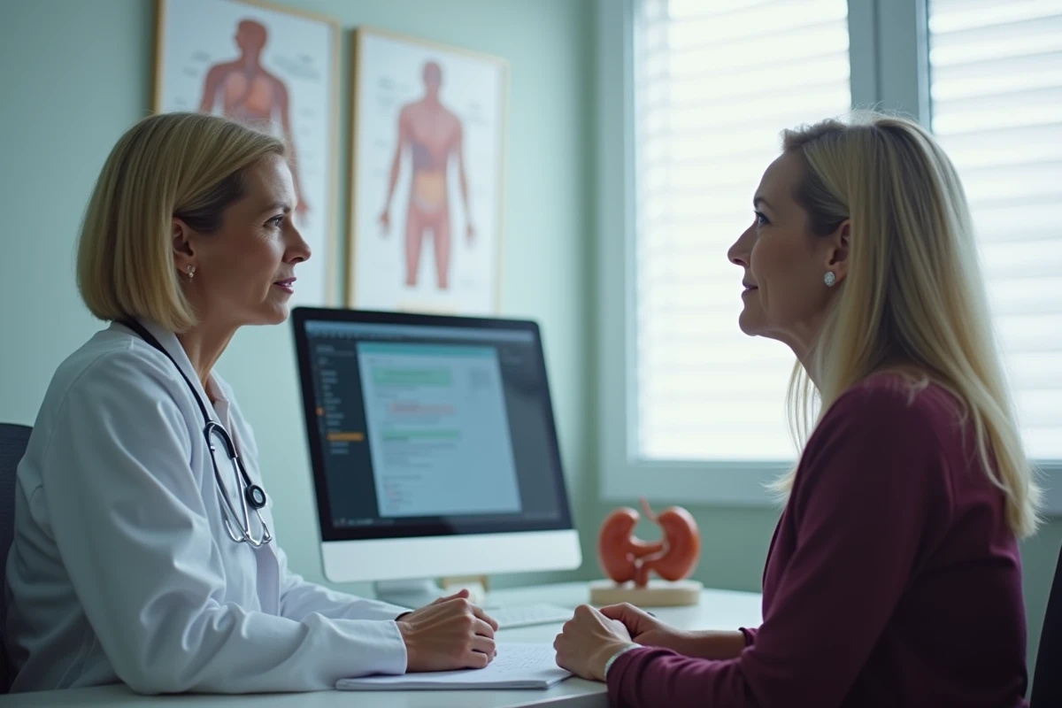 Consultation médicale entre médecin et patiente pour traiter une constipation sévère et un fécalome