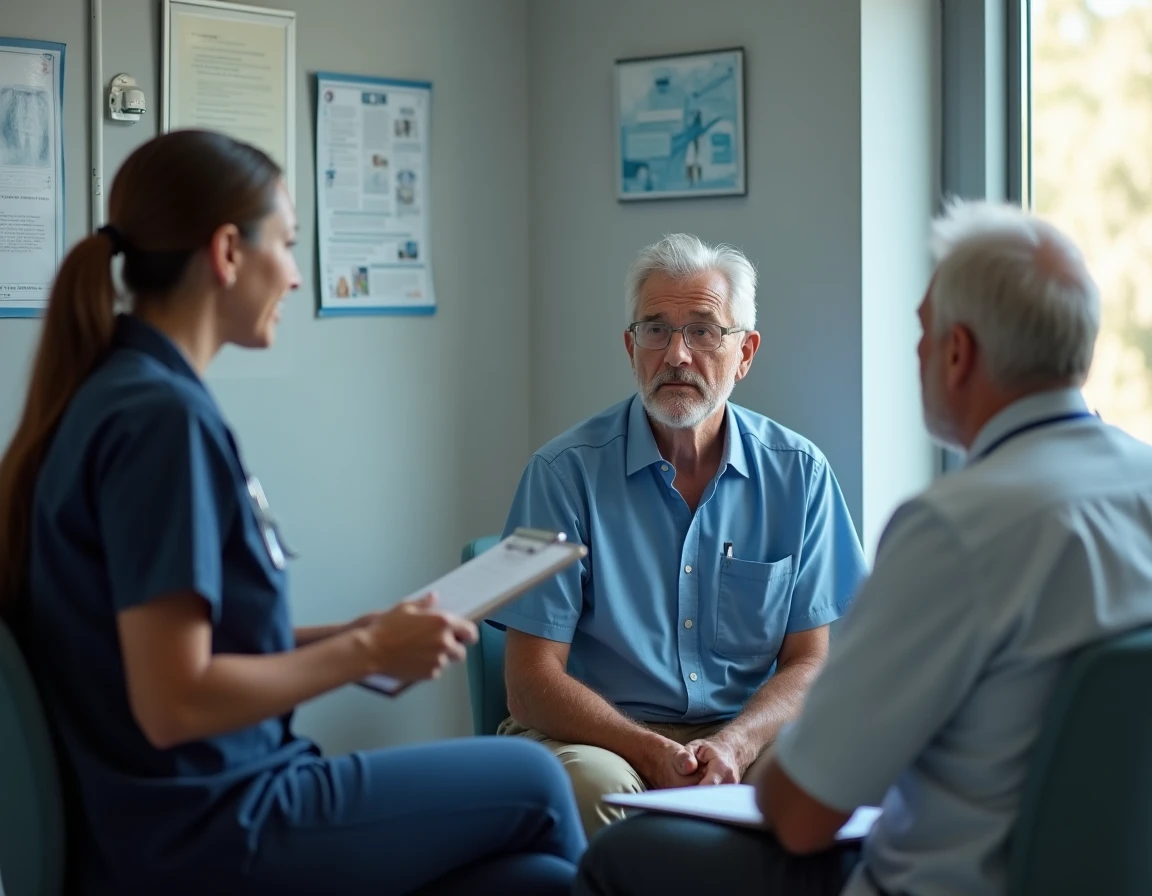 Homme en consultation médicale pour douleurs chroniques discutant avec son médecin dans un cabinet de soins