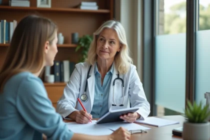 Médecin et patient en consultation médicale discutant du parcours de soins et des droits du patient