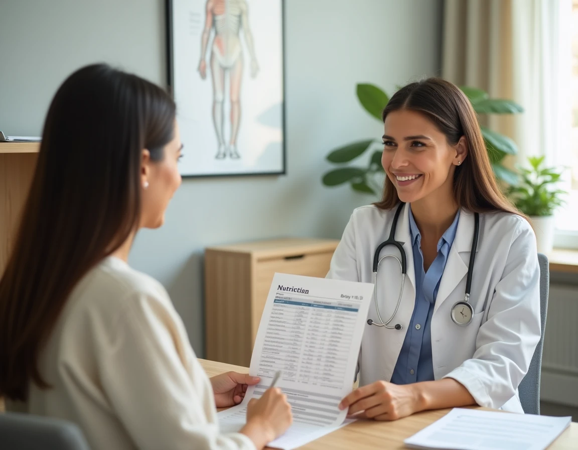 Femme consultant une nutritionniste avec un tableau IMC lors d'un rendez-vous médical sur le surpoids