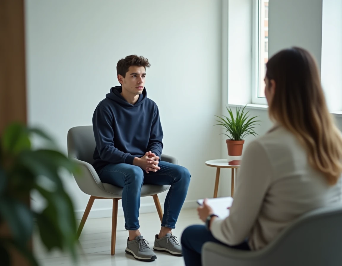 Jeune adulte en consultation psychiatrique discutant de symptômes psychotiques avec un thérapeute