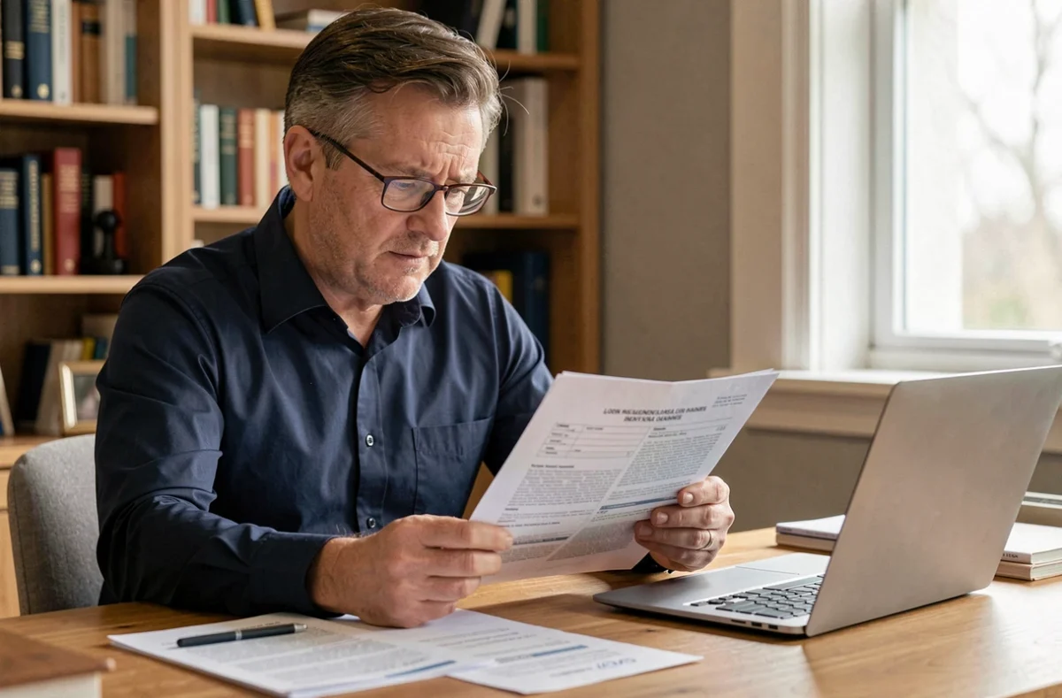 Homme consultant un rapport médical CDT et un contrat d'assurance emprunteur à son bureau, évaluant l'impact sur son dossier de prêt