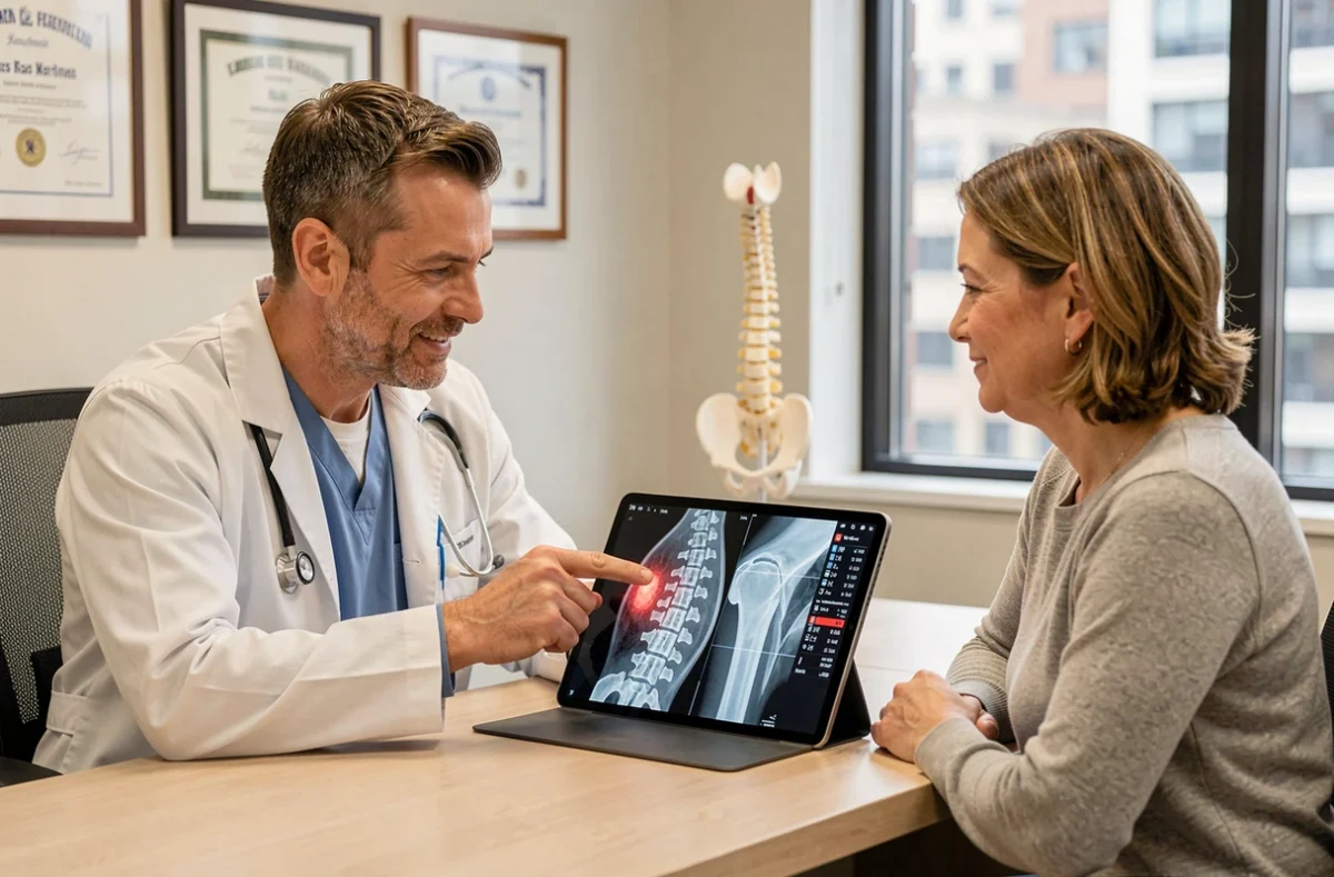 Médecin orthopédiste expliquant les résultats d'un scanner et d'une radio cervicale à une patiente lors d'une consultation médicale
