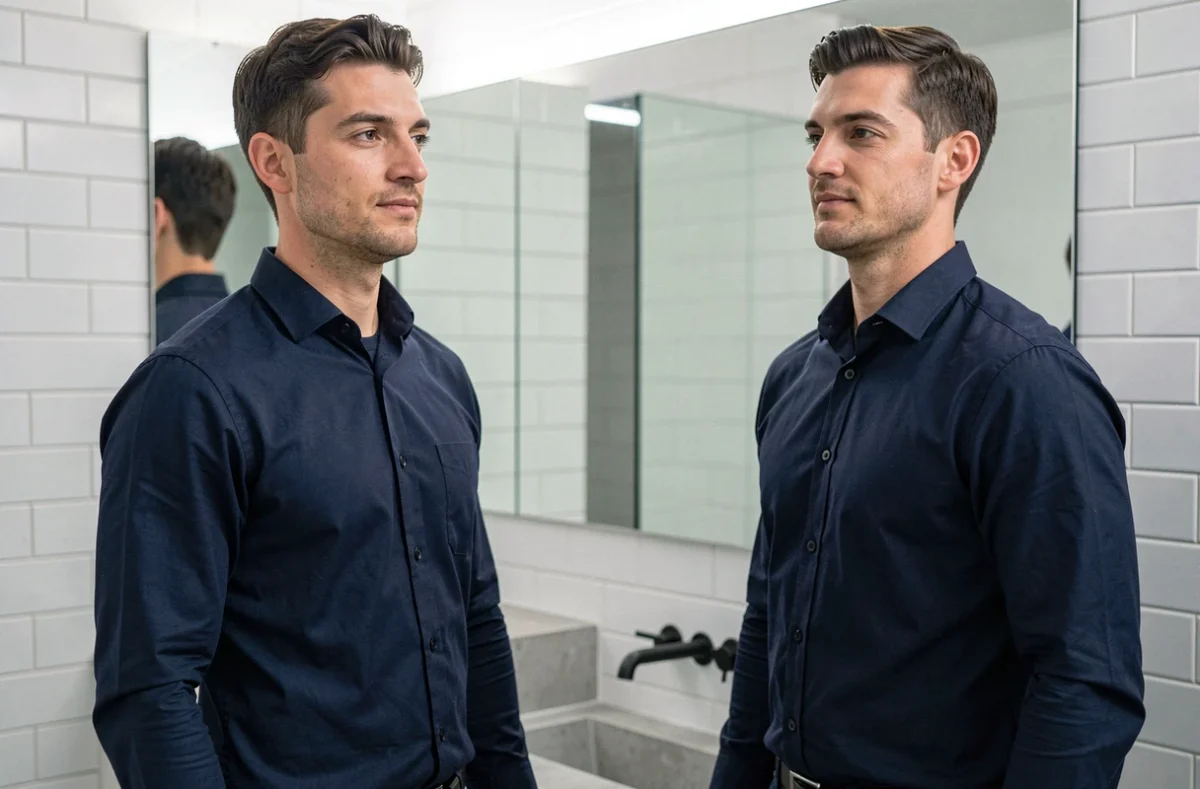Homme en chemise bleue portant un sous-vêtement correcteur de posture, se regardant dans un miroir de salle de bain moderne et minimaliste