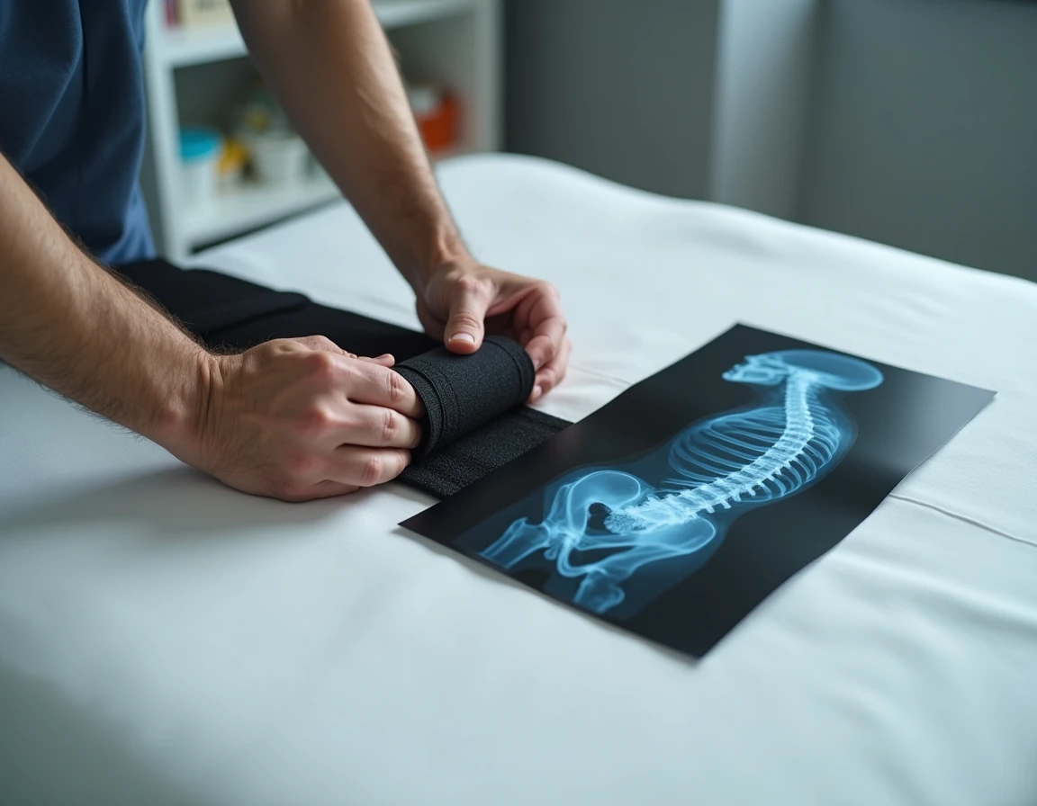 Correcteur de posture orthopédique et radiographie de scoliose sur une table de consultation médicale