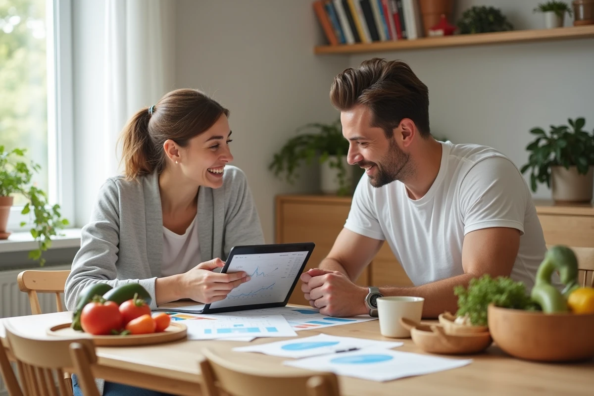 Couple planifiant leur programme de nutrition et d'entraînement sportif à domicile pour optimiser les résultats avec le système Indiva