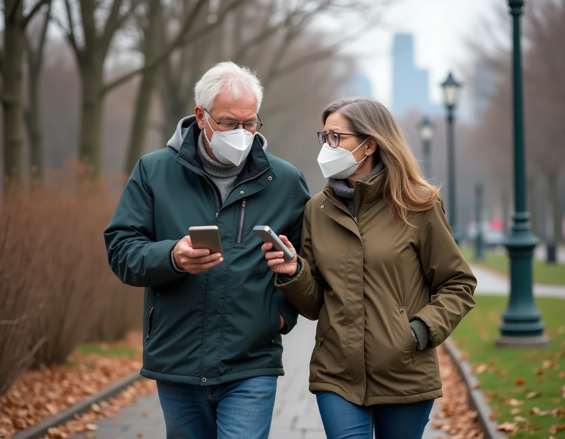 Couple âgé mesurant la qualité de l'air dans un parc urbain en automne