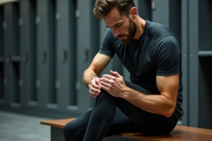 Coureur examinant la zone de la patte d'oie au niveau du genou après un entraînement, assis sur un banc de vestiaire sportif