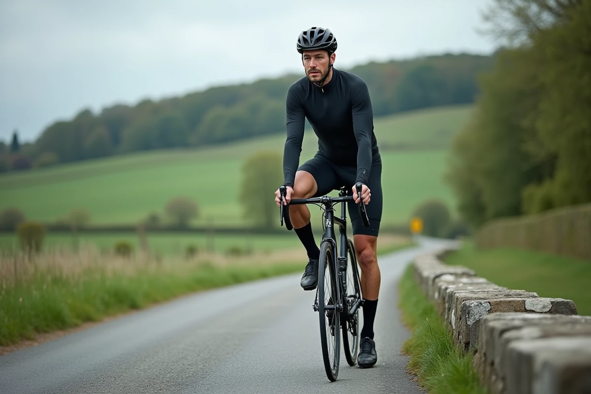 Cycliste amateur s'étirant le genou en bord de route pour soulager une douleur liée à la tendinopathie de la patte d'oie
