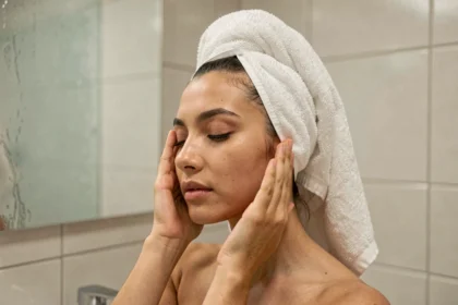 Femme inclinant la tête pour déboucher une oreille après la piscine dans une salle de bain moderne