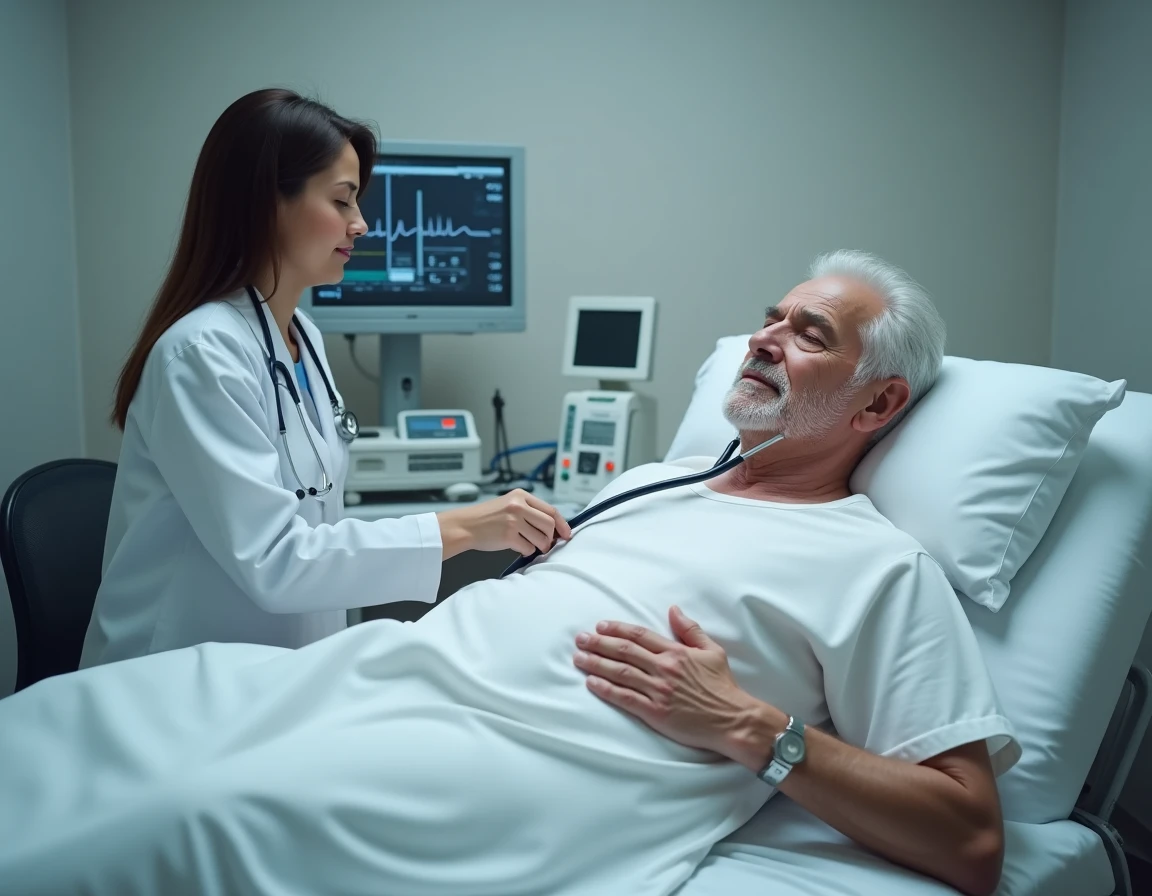 Médecin cardiologue ausculte un patient âgé allongé lors d'un examen clinique pour diagnostiquer une ischémie cardiaque