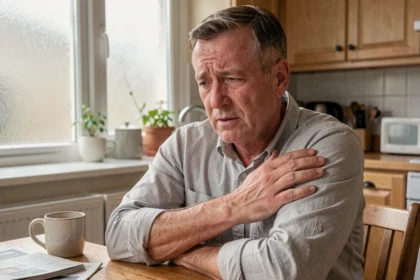 Homme d'âge mûr assis à une table de cuisine tenant son bras gauche avec une expression de douleur et d'inquiétude