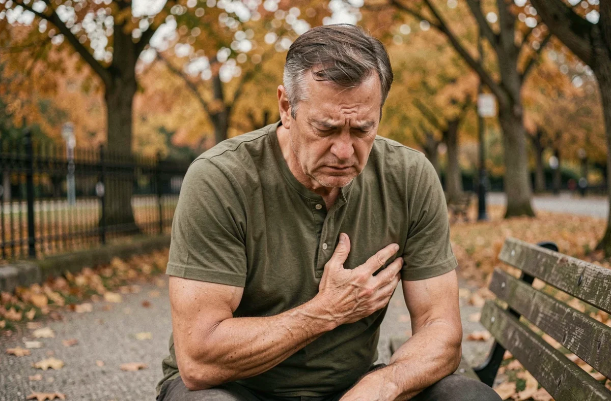 Homme senior assis sur un banc de parc avec une douleur au bras gauche et une expression d'inquiétude cardiaque