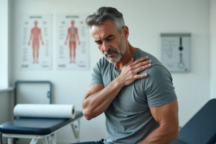 Homme d'âge moyen tenant son épaule douloureuse lors d'une consultation en cabinet de kinésithérapie, illustrant une blessure du tendon supra épineux
