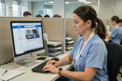 Employée administrative du CHU de Montpellier consultant sa messagerie professionnelle sur un ordinateur de bureau dans un open space hospitalier