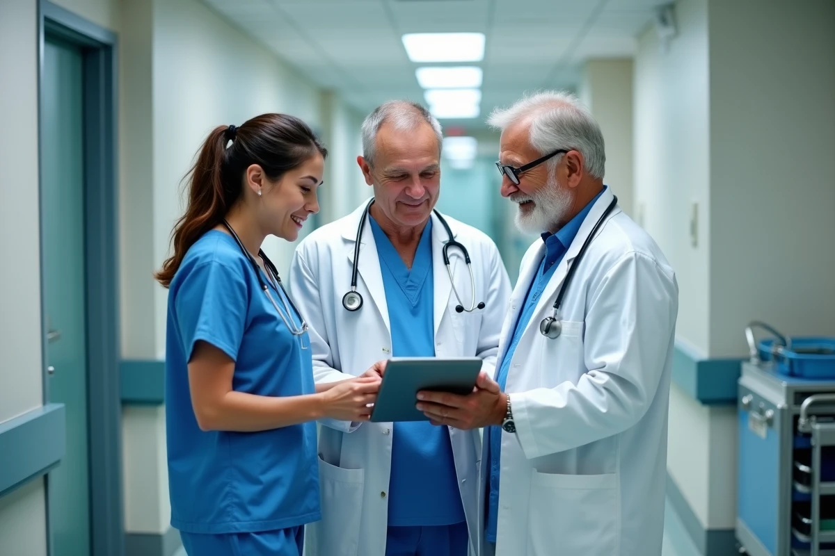 Équipe médicale pluridisciplinaire en discussion dans un couloir d'hôpital pour la prise en charge d'un patient