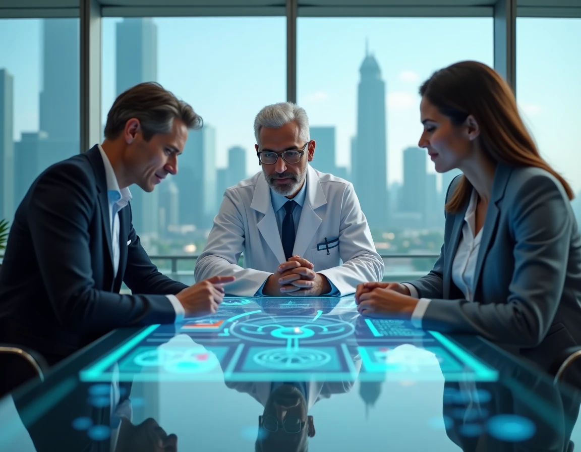 Équipe internationale de professionnels de santé collaborant autour d'un système d'intelligence artificielle médicale lors d'un sommet mondial